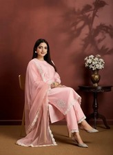 Chanderi Cotton Women Ethnic Kurta Set Indian Party Wear Kurti Pant Dupatta Set