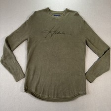 HOLLISTER Thermal Spell Out Shirt Mens L Green Cursive Grunge Skater Y2K Waffle