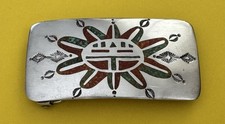 Vintage Unbranded Native American Sterling Silver Gem Tribal Inlay Belt Buckle