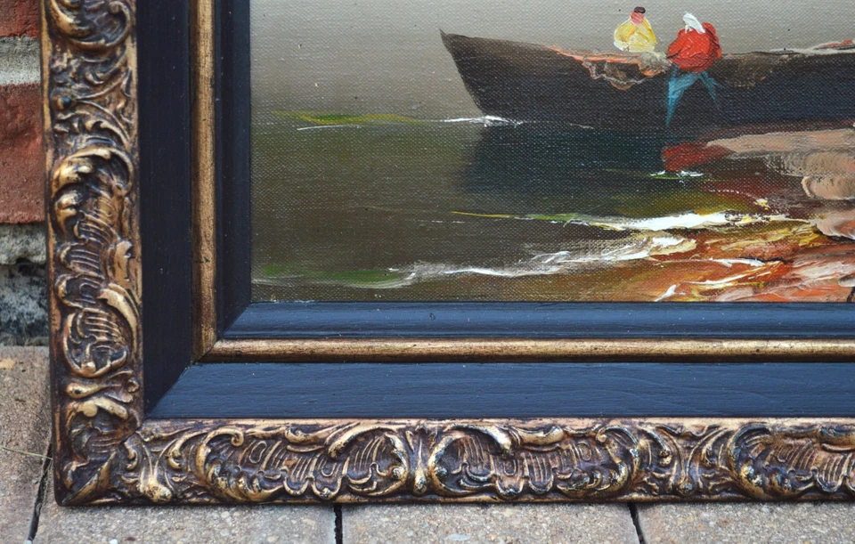 Vintage Original Oil Painting Fishermen by the Boat Signed Ornate Frame - Image 4 of 4