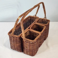 Vtg Wicker Basket Compartment Caddy Picnic Table Utensil Double Handle 4 Section