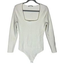 Abercrombie Fitch Sweater Bodysuit Womens XL Cream Stretch Square Neck Ribbed
