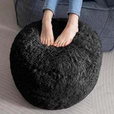 Round Stuffed Pouf Ottoman, Long Faux Fur Poufs with Foam Chunk 20INCH Black
