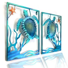 Metal Sea Turtle Beach Themed Bathroom Wall Art Decor with Blue Sea Turtle