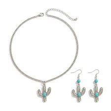 Western Turquoise Pendant Necklace Earring Set Vintage Silver-Plated Style4