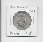 Silver Ben Franklin Half Dollar 1948 Denver. Nice XF or better with spots.
