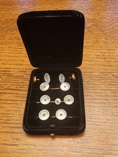Mother of Pearl  14K Gold Cufflink and Stud Set with Original Box ,Vintage