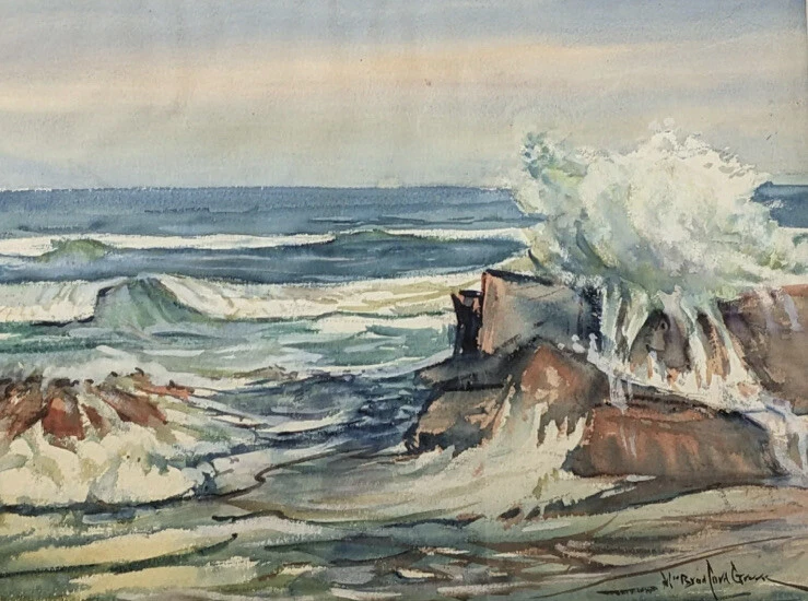 "Antiguo paisaje marino Plein Air de William Bradford verde/acuarela/~17 x 22""" Foto 2 de 4