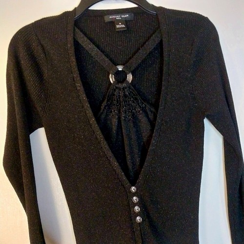 August Silk Knits TopBlack V-Neck Pullover Women's Medium, sparkle /#3150 - Picture 4 of 4