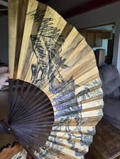 Huge Hand Painted Peacock Authentic Antique Asian Chinese Wall Decor Fan 60"  