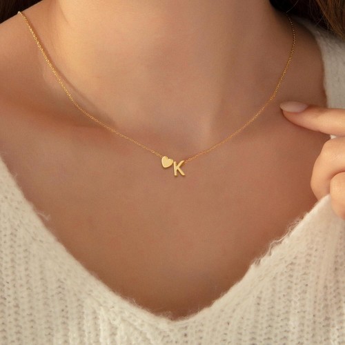 Collares con inicial de corazón para mujer enchapados en oro de 14K delicado corazón letra de la A a la Z - Imagen 123 de 265