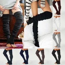Women Winter Long Warm Leg Warmers Cable Knit Knitted Crochet Long Socks Black