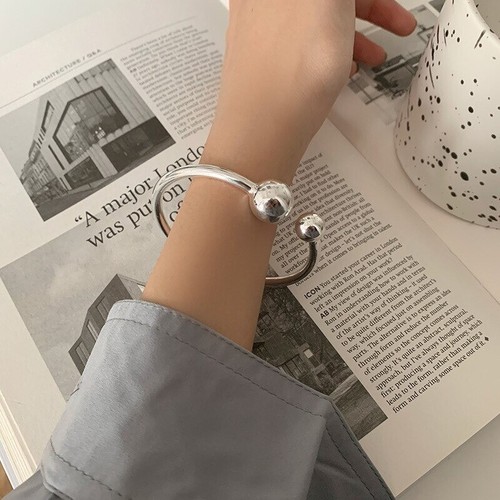 Trendy 925 Sterling Silver Vintage Double Ball Open Cuff Bracelet Elegant Bangle - Picture 3 of 15