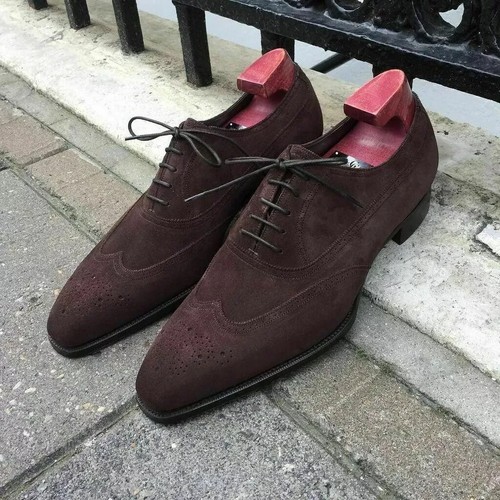 Men Handmade Shoes Oxford Suede Leather Brown Wing Tip Brogue Formal Wear Shoes. - Picture 5 of 5