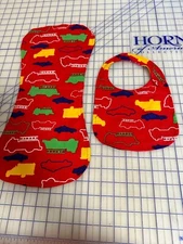 Handmade firetrucks and vehicles on red cotton flannel baby bib burp cloth set
