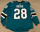San Jose Sharks NHL game used worn Timo Meier 2017 hockey jersey