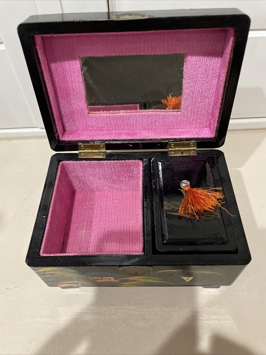Vintage Japan Black Lacquer Jewelry Music Box Hinged Working Vintage Japan Black Lacquer Jewelry Music Box Hinged Working