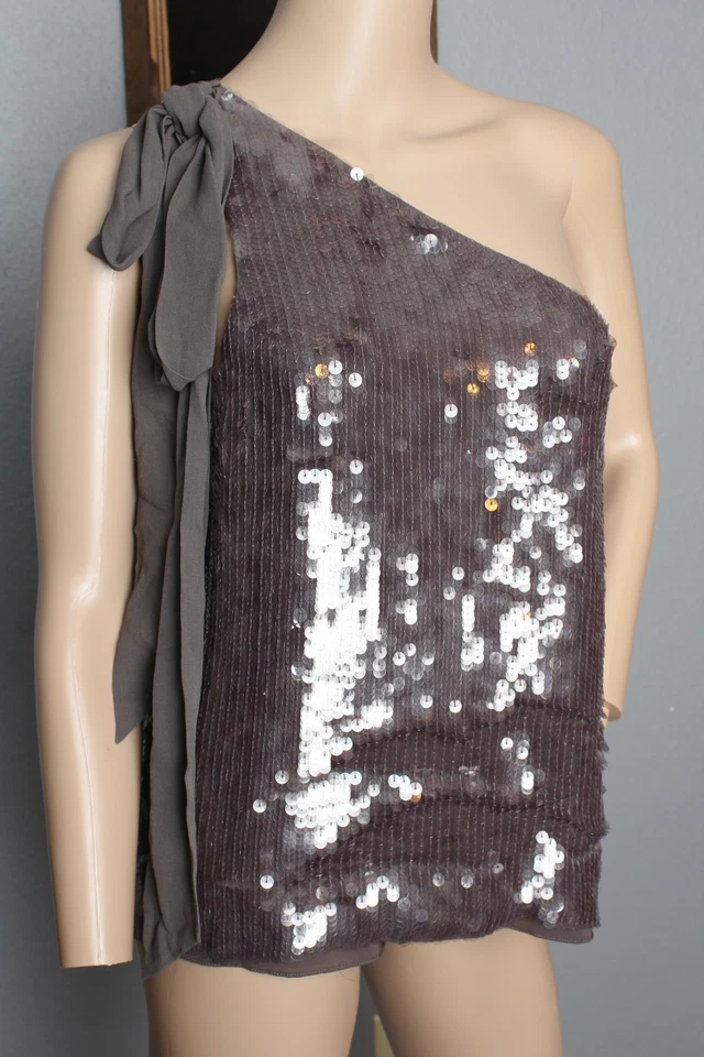 Alice + Olivia Grau Seide Pailletten Schleife Detailliert Schulterfrei Tank Top - Bild 1 von 4