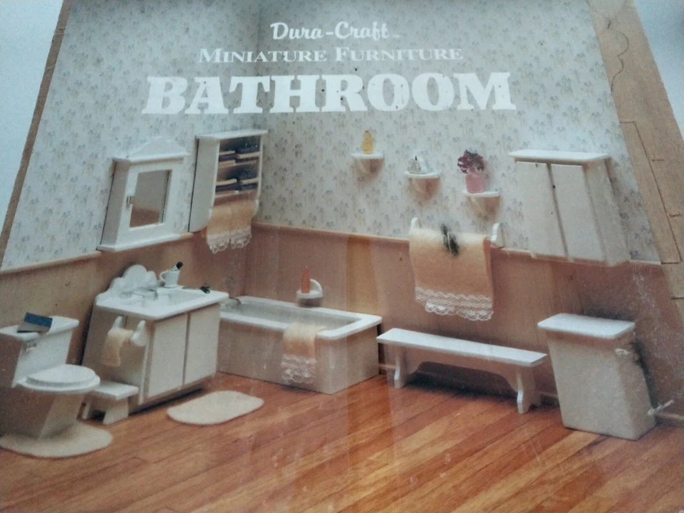 Kit de muebles de baño miniatura Dura Craft inodoro lavabo bañera banco gabinete mediano Foto 3 de 4
