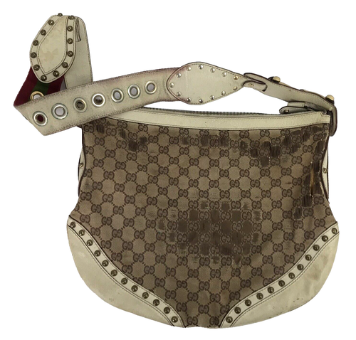 GUCCI Pelham Web Hobo Studded Brown Canvas Ivory Leather EXTREMELY DISTRESSED - Picture 3 of 21