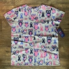 NEW Zikit SMALL Scrub Top- OWL Blue Pink Breast Cancer Awareness- New w/ Tag