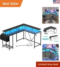 Modern Black L-Shaped Computer Desk with USB Ports, Monitor Stand & Storage