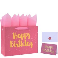 13" Large Pink Gift Bag Set with Greeting Card and Tissue Papers Stars and