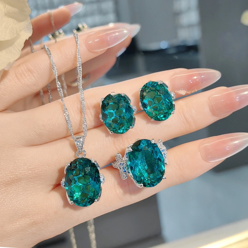 3 piezas Dije Color Paraiba Azul Topacio Piedras Preciosas Dije Mujeres Plata Collar Anillos Foto 2 de 4
