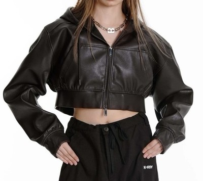 Nerdy Brown Faux Leather Cropped Jacket Hood XS Extra Small Y2K Streetwear 2000s