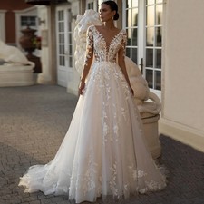 Embroidered Lace Wedding Dress Long Sleeved V-neck Layered Pleated Bridal Gown