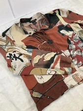 CITRON SANTA MONICA Asian Print Women's Top Snap Shirt Large Silk Linen 90’s Art