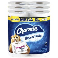 Charmin Ultra Soft Toilet Paper 18 Super Mega Rolls, 336 Sheets Per Roll 108