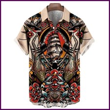 Japanese Men's Shirts Koi Print Hawaiian Buttons Beach Aloha Tops New 2025