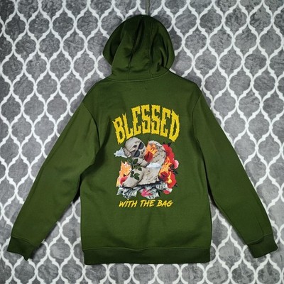 Rebel Minds Hoodie Men XL Green Graphic Pullover Streetwear Blessed With The Bag