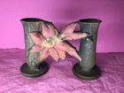 Roseville Clematis 194-5 DOUBLE BUD VASE candle holder FOREST GREEN & pink  1944