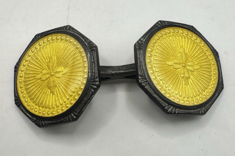 Antique  KREMENTZ Sterling Silver Octagon Cufflink W/ Yellow Guilloche Ename