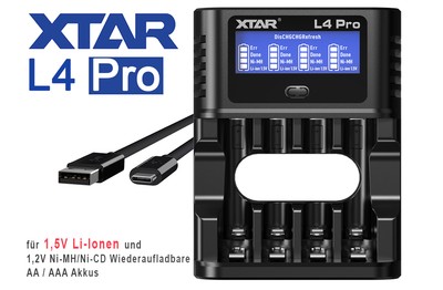 XTAR L4 Pro   Akku-Ladegerät mit LCD, Refresh & Discharge für Li-Ion/NiMH AA/AAA