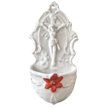 Vintage Germany White Porcelain Holy Water Font Crucifix Red Flower 5.5 Inch
