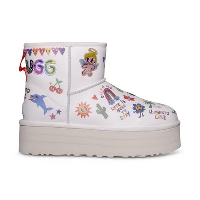 UGG CLASSIC PLATFORM POP SKETCH WHITE LEATHER CLASSIC WOMENS BOOTS