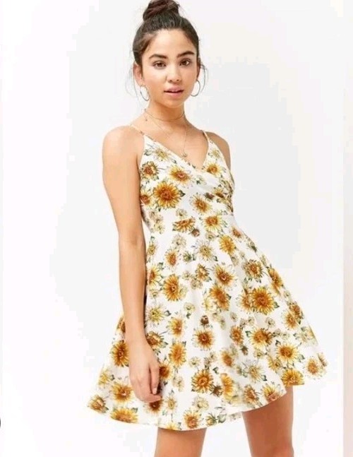 Forever 21 Women’s M Sunflower Floral Babydoll Mini Dress Boho Cottagecore
