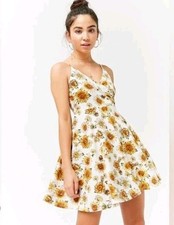 Forever 21 Women’s M Sunflower Floral Babydoll Mini Dress Boho Cottagecore