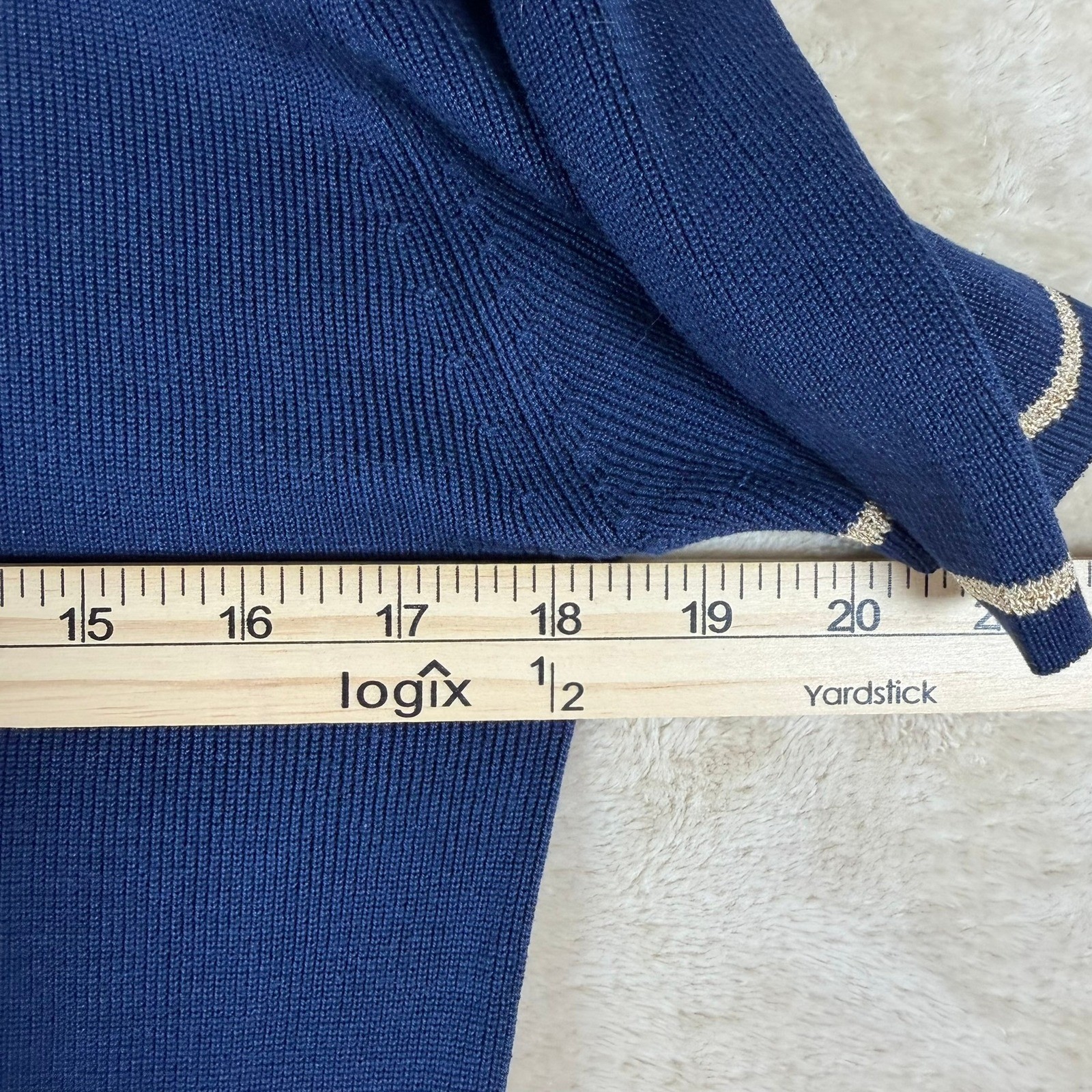 Saks Fifth Avenue Collection Silk Navy Sh Slv Mock Neck Knit Top L Metallic Trim