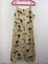 Old Navy Linen Rayon Midi Dress L Smocked Square Neck Button Front Safari NEW