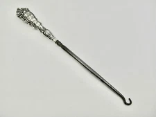 Antique English Make Boot Button Hook Silverplate Handle Steel Hook 9.5"