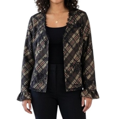 Samuel Dong Plaid & Lace Overlay V-Neck Blouse Jacket Ruffle Cuff Womens XL