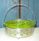 VINTAGE GREEN GLASS DIVIDED CANDY NUT RELISH DISH WITH 3 FOOT METAL HOLDER