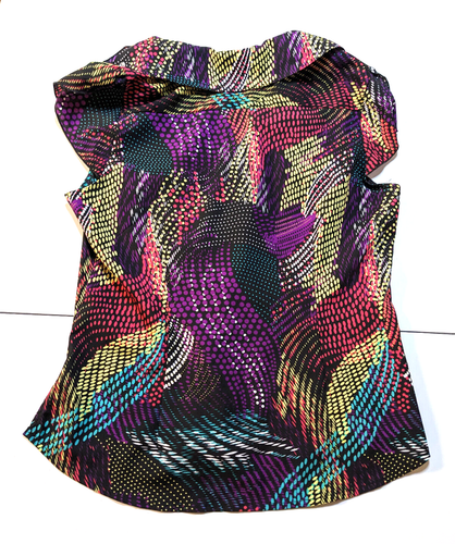 Bright/Bold Disco Ball Patterned Women's Petite Cap Sleeve Clear Buttoned Top - Picture 9 of 9