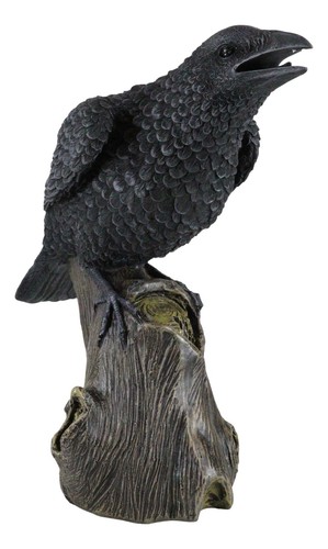 Ebros Large 14" Long Gothic Raven Crow Perching On Tree Stump Statue Figurine - Picture 4 of 12