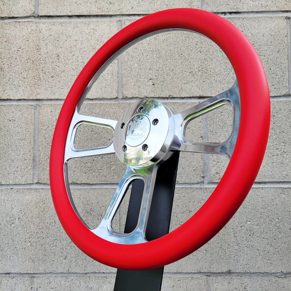 Volante semi caminhão cromado 16 polegadas com cabo de vinil vermelho - 5 furos - Imagem 2 de 4