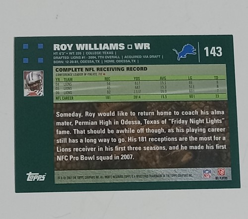 ROY WILLIAMS 2007 Topps #143. LIONS - Picture 2 of 2
